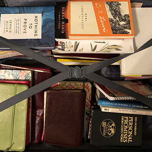 books packed into a suitcase