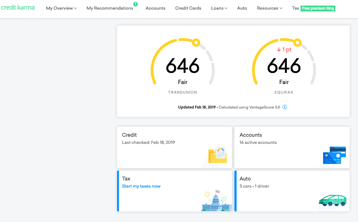 credit karma credit report dashboard