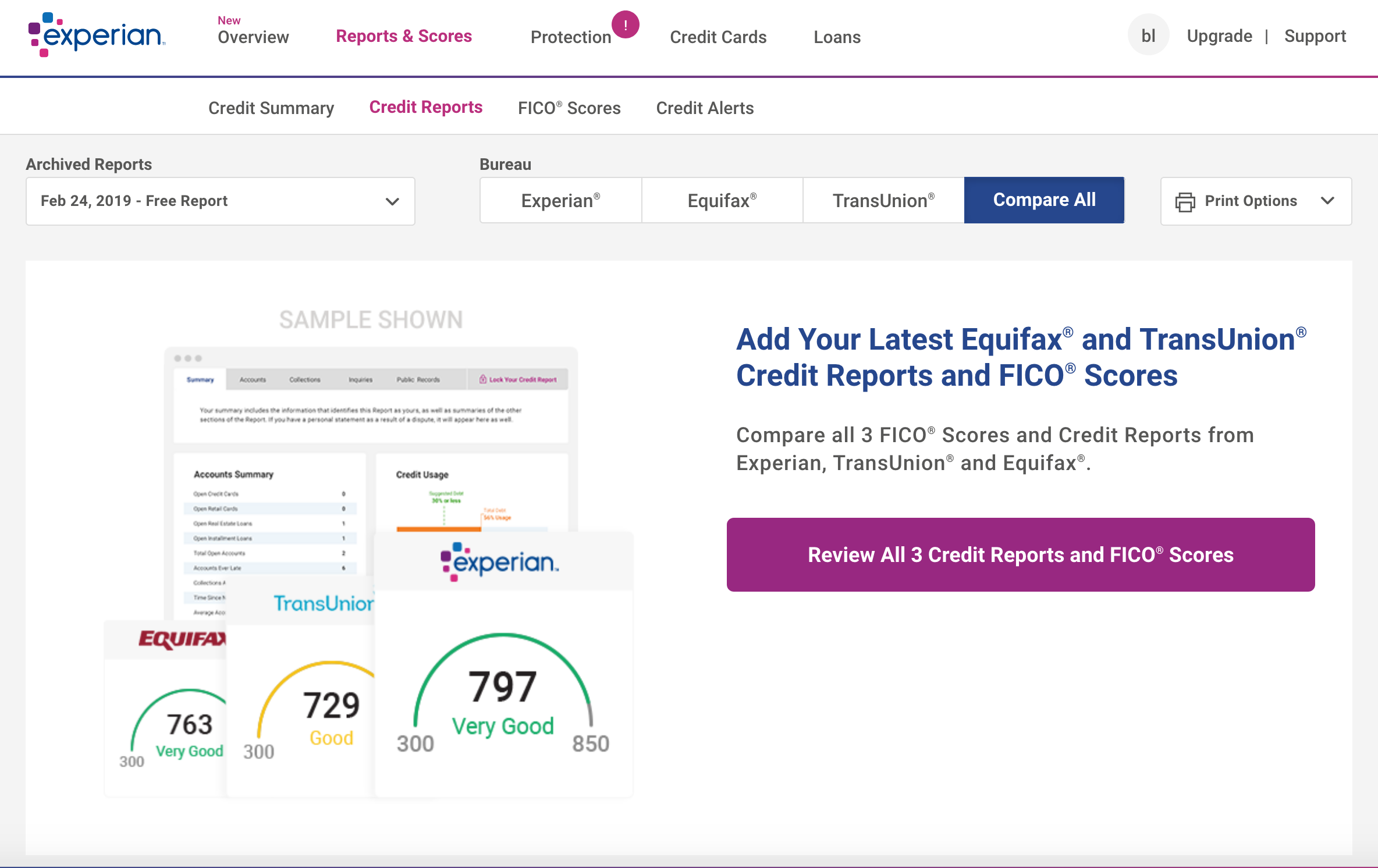 experian credit report dashboard