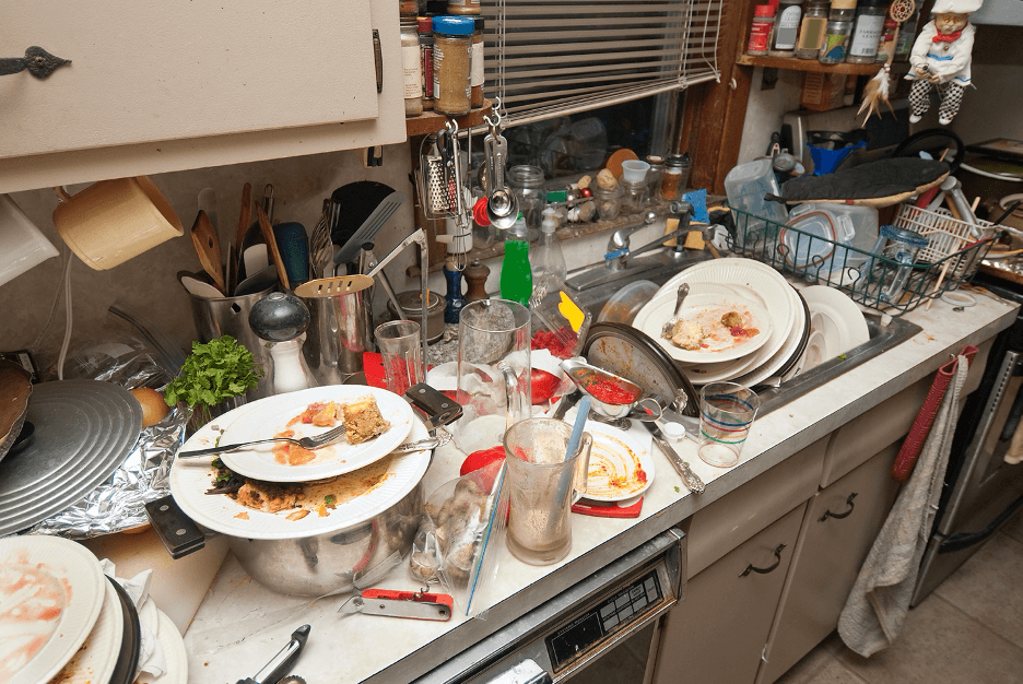 messy kitchen with dirty dishes