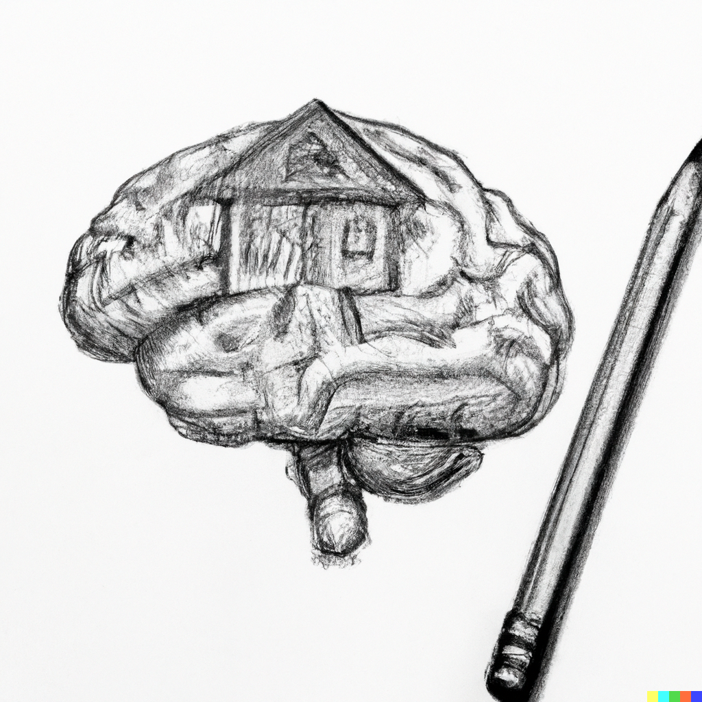 a pencil sketch of a brain with a house in the middle