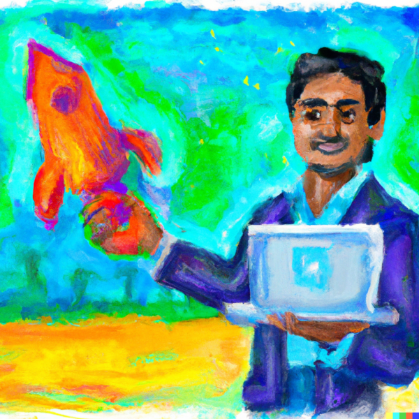 painting of a property manager holding a computer and a rocket