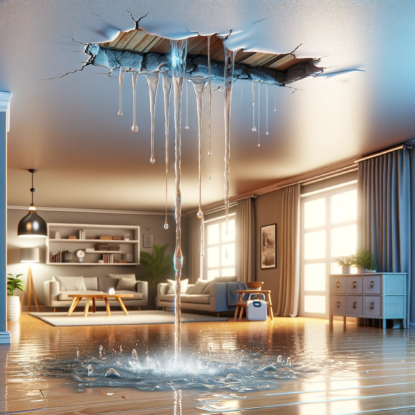 digital representation of a ceiling leak in a living room