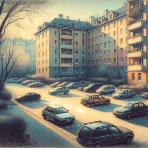 soft light pastel painting of a rental parking lot