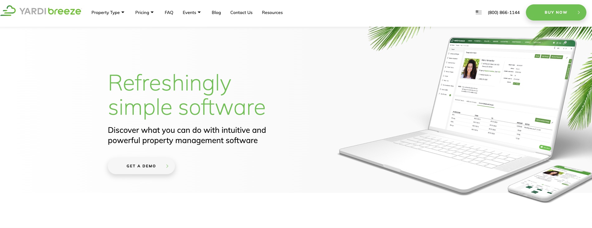 A screenshot of Yardi Breeze home page for a comparison article