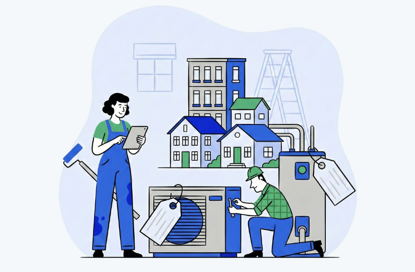 Illustration of a property maintenance scene showing technicians coordinating repairs and property management tasks.