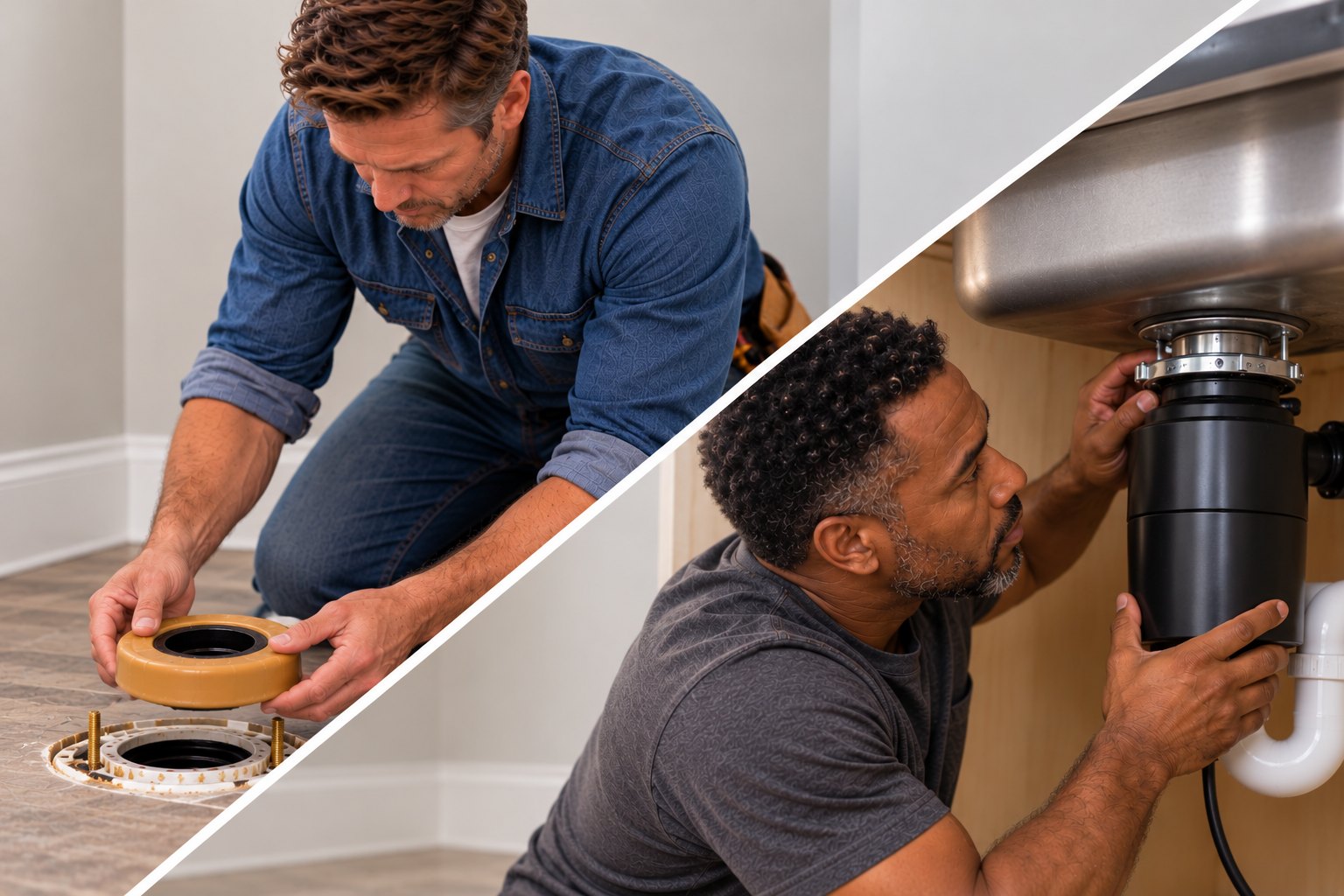 A Pro setting a new wax ring during a toilet replacement, and a Pro installing a garbage disposal under a kitchen sink
