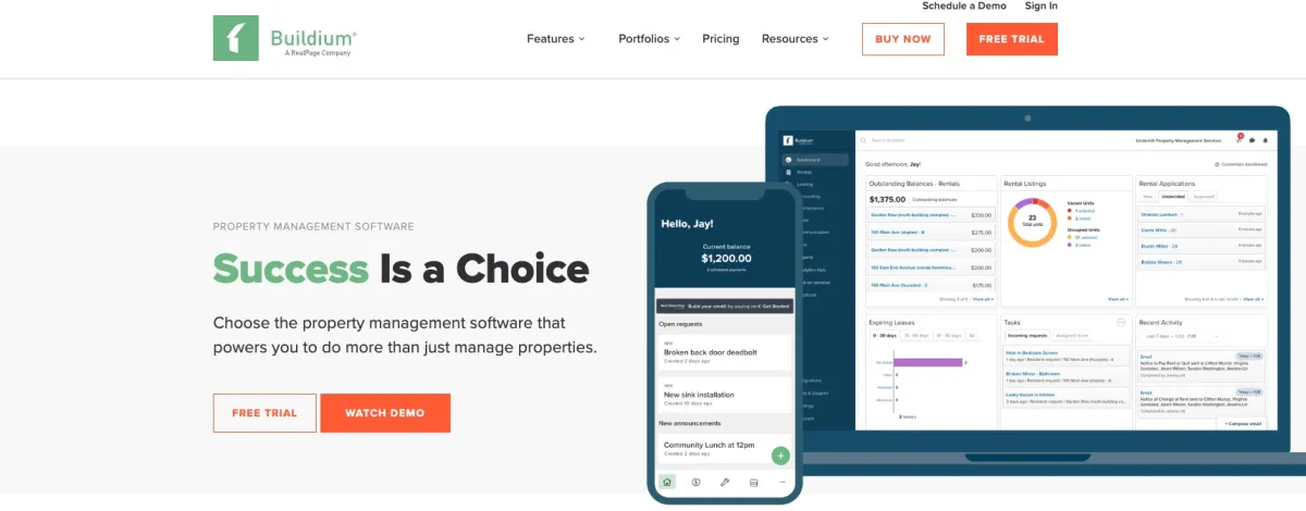 A screenshot of Buildium's home page for a comparison article