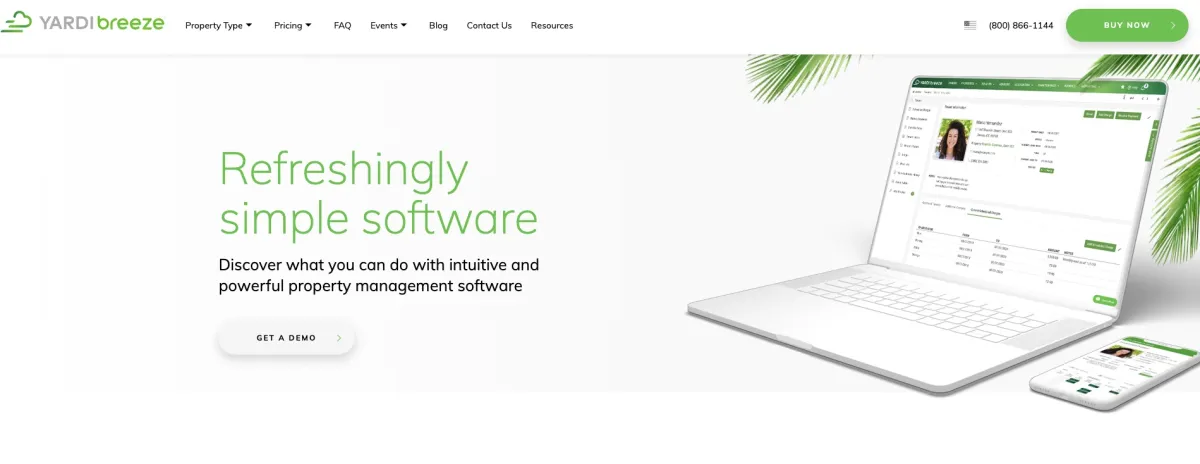 A screenshot of Yardi Breeze home page for a comparison article