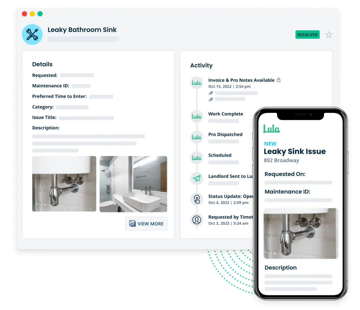 Lula work order for a leaky bathroom sink on desktop and mobile, showing request details, photos and activity timeline