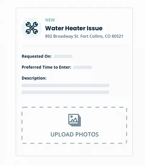 Animated Lula maintenance request for a water heater issue, showing a resident uploading photos