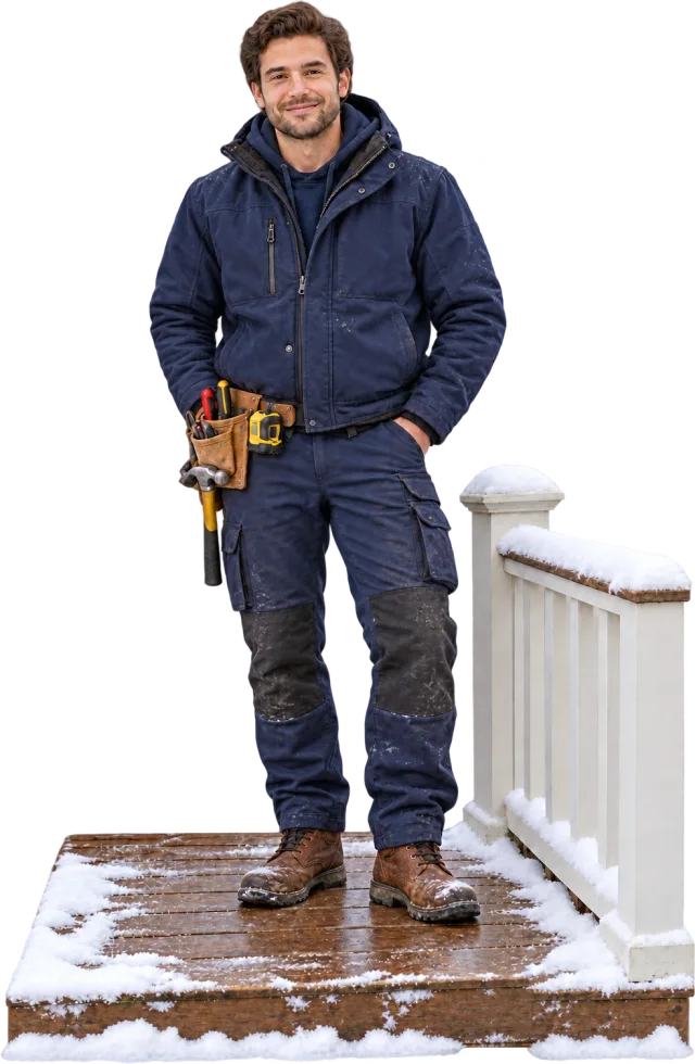 A Lula Pro in winter work gear standing on a snowy porch