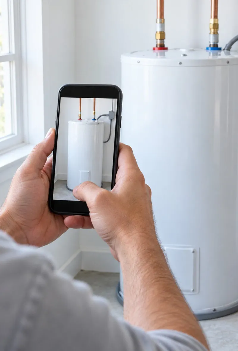 A Pro photographing a drained water heater with a phone