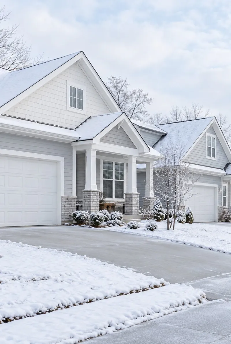 A vacant single-family rental home with snow on the lawn and driveway